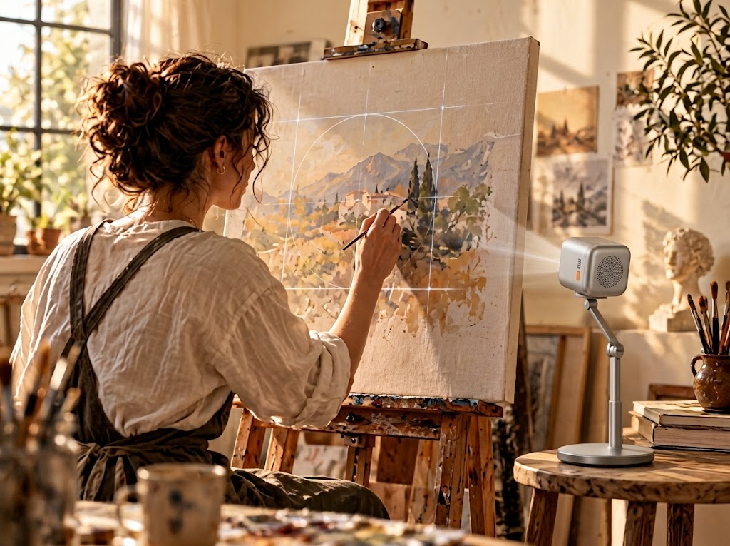 Artist painting on canvas at an easel with Flowlines guidance